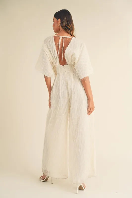 Fluffy Deep V Neck Wide Leg Jumpsuit.