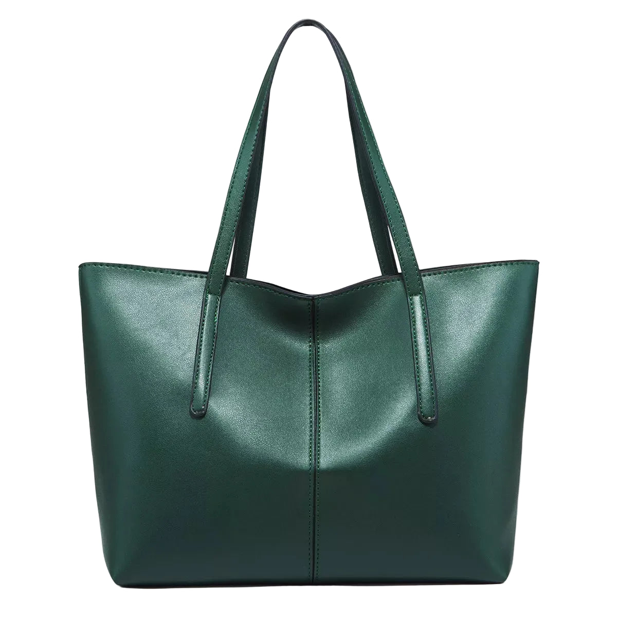 A dark green leather tote bag with two shoulder straps, shown against a plain white background.