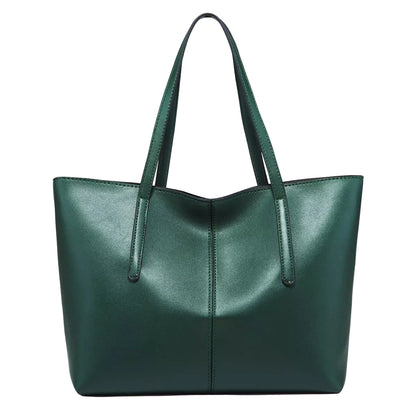 A dark green leather tote bag with two shoulder straps, shown against a plain white background.