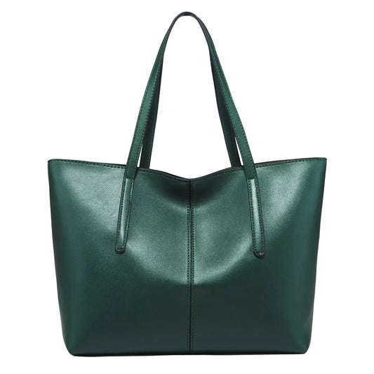 A dark green leather tote bag with two shoulder straps, shown against a plain white background.