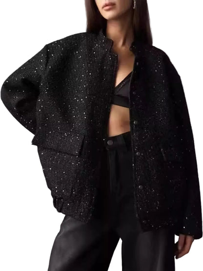 Elegant Tweed Bomber Jacket with Front Pockets