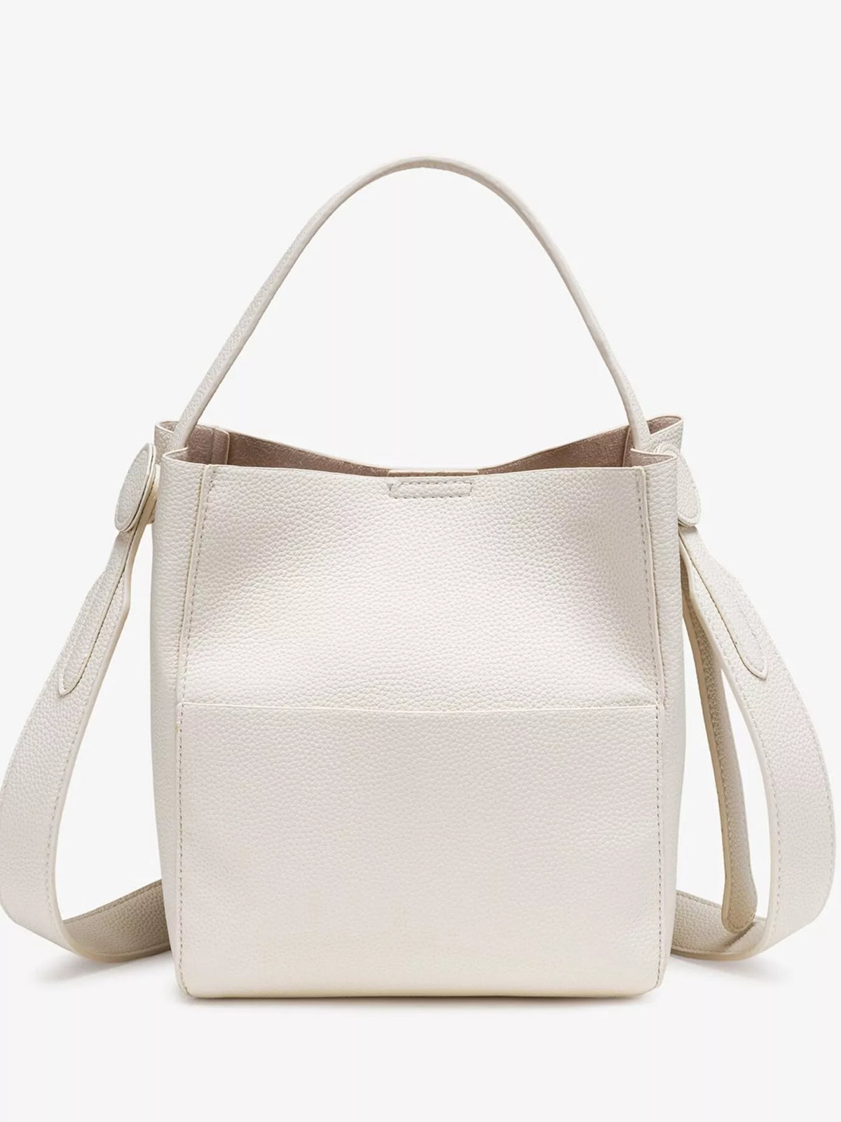 An off-white pebbled leather bucket bag with a top handle and a detachable shoulder strap, shown against a plain white background.