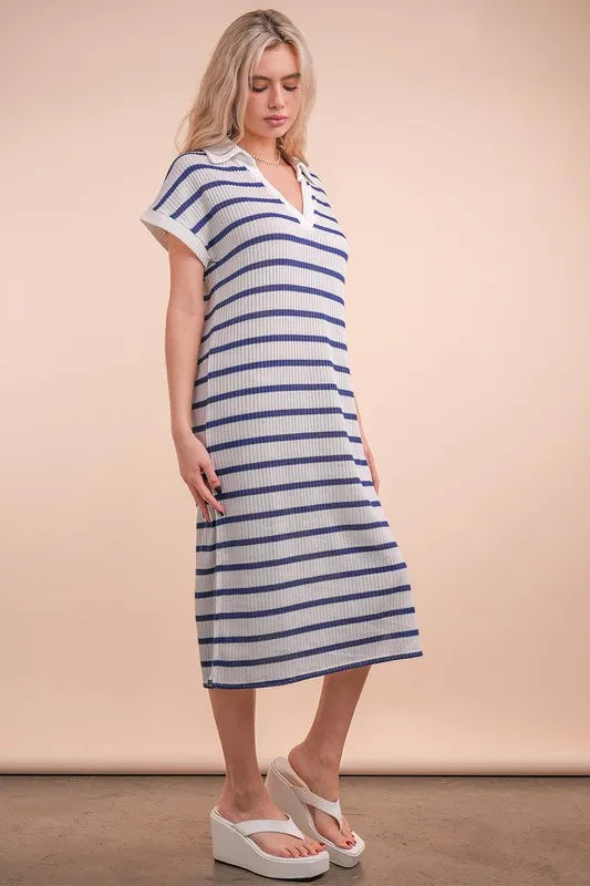 Oversized Collared Striped Knit Midi Dress.