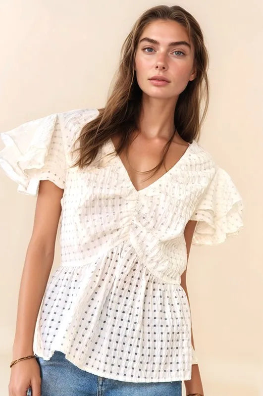 Shirring V-Neck Ruffle Gingham Plaid Printed Top.