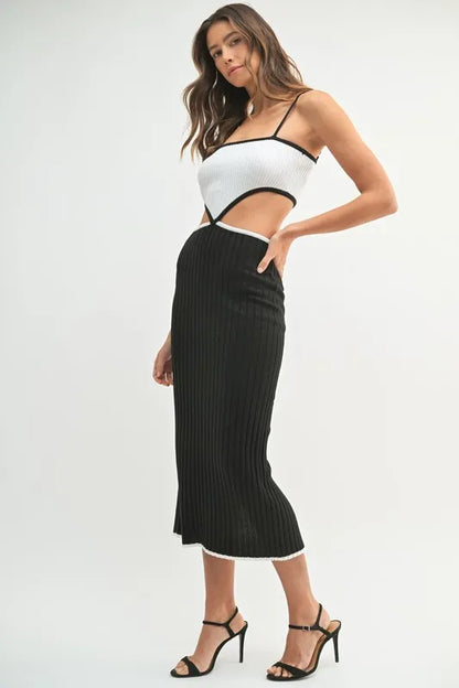 Ribbed Knit Color Block Cutout Midi Dress.