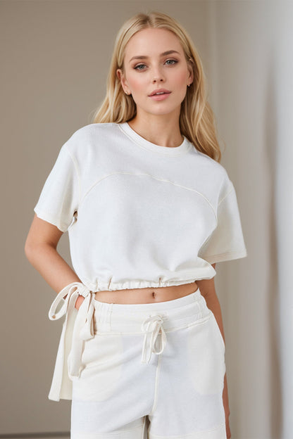 Drawstring Hem Air Scuba Round Neck Short Sleeve T-Shirt