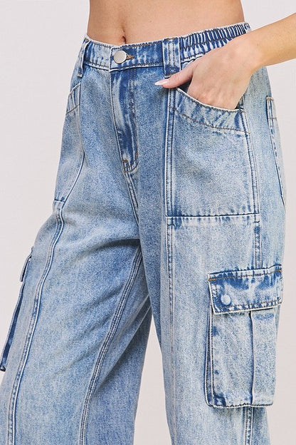 High Waisted Baggy Denim Cargo Ankle Length Denim