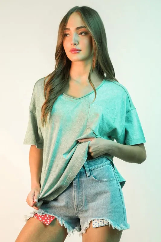 Raw Hem Pocketed Contrast Washed Denim Shorts.