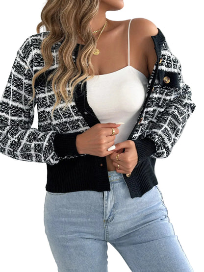 Plaid Tweed-Style Knit Cardigan