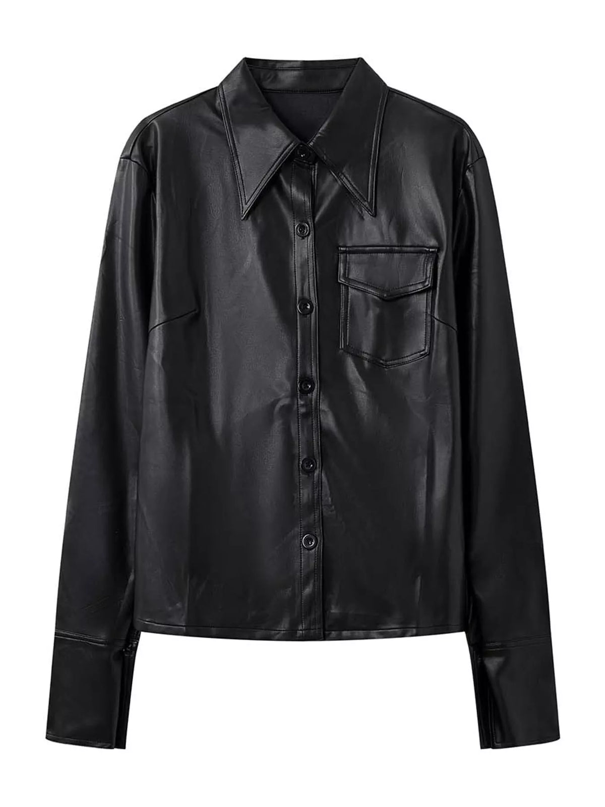 A black faux leather button-up shirt jacket with a pointed collar, long sleeves, and a chest pocket, shown against a plain white background.