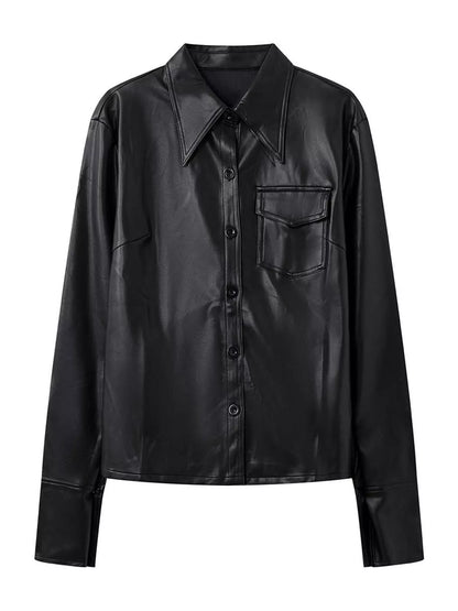 A black faux leather button-up shirt jacket with a pointed collar, long sleeves, and a chest pocket, shown against a plain white background.