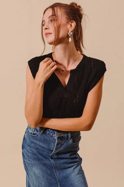 Notched Neck Cable Knit Sweater Vest.