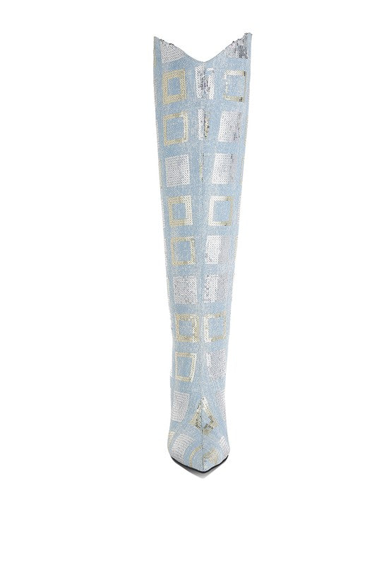 Sharmin Checkered Sequin Knee High Boots