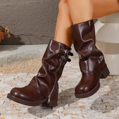Mid-calf slouchy boots with buckle detail