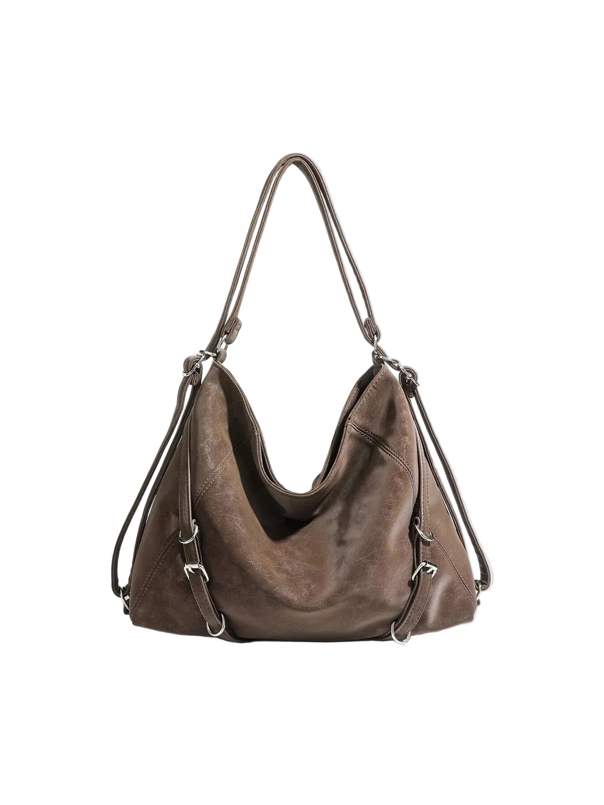 A brown leather hobo shoulder bag with silver-tone hardware, displayed against a light gray background.
