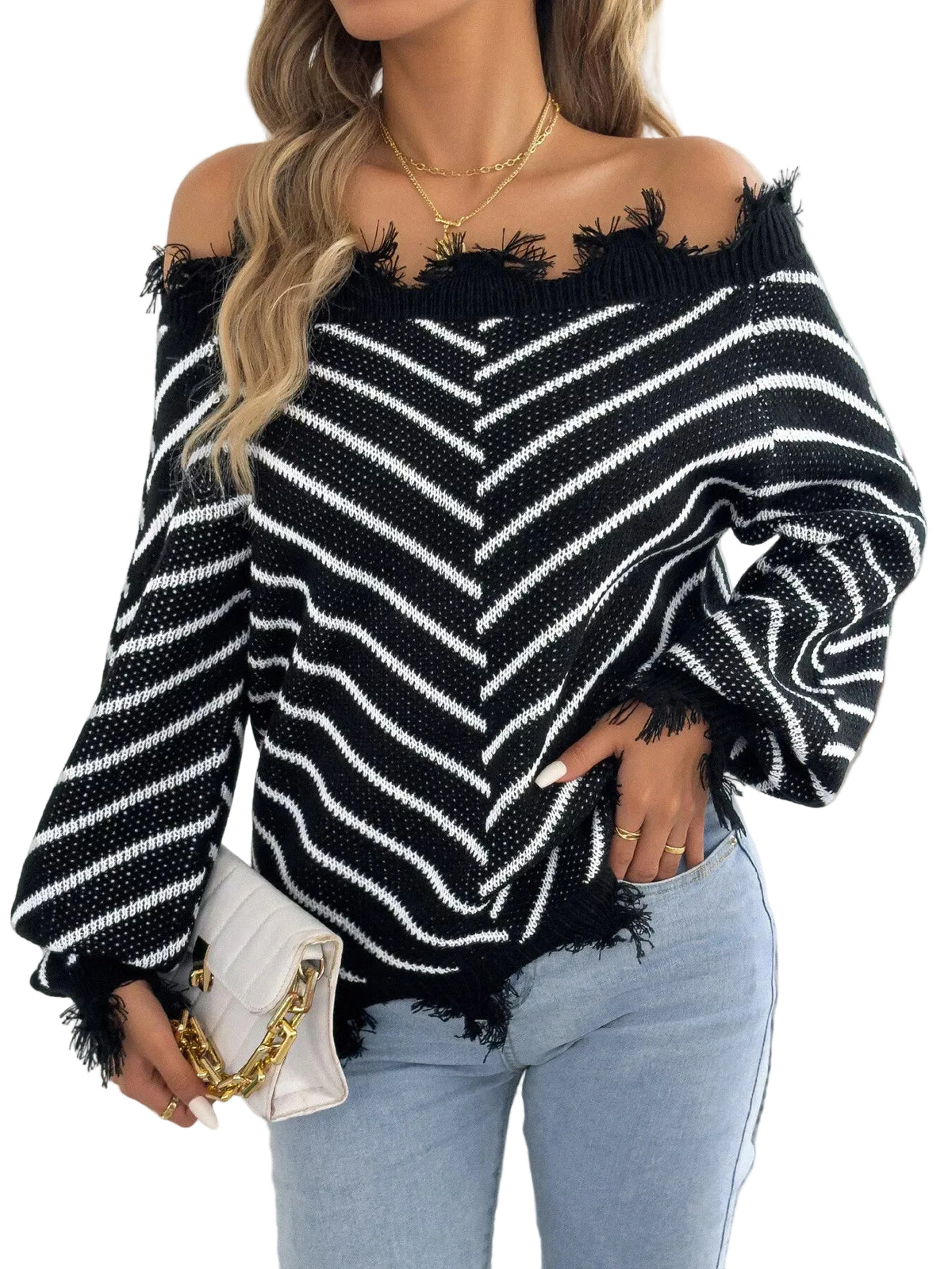 Off-Shoulder Distressed Striped Sweater