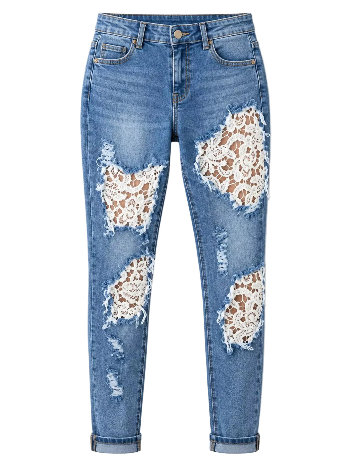Light blue distressed skinny jeans with white lace patch details on the thighs and knees, shown flat against a light gray background.