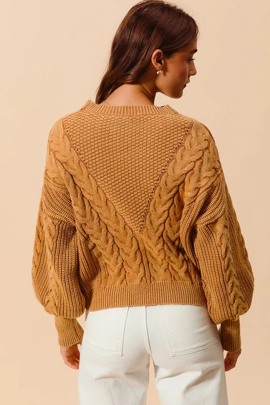 Mineral Washed Loose Fit Textured Cable Sweater.