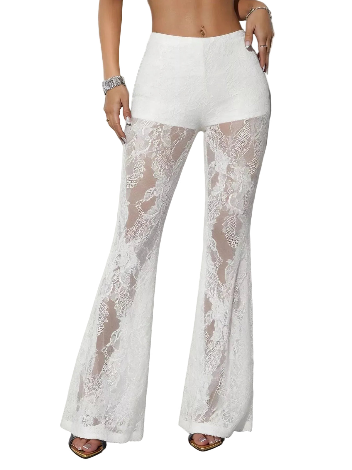 White lace pants worn by a person against a plain background