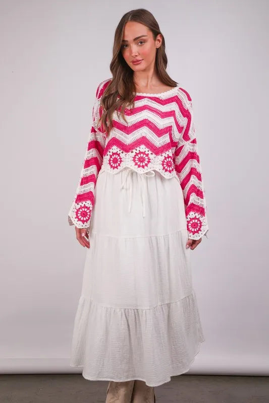 Chevron & Floral Pattern Crochet Knit Top.