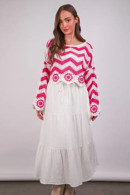 Chevron & Floral Pattern Crochet Knit Top.