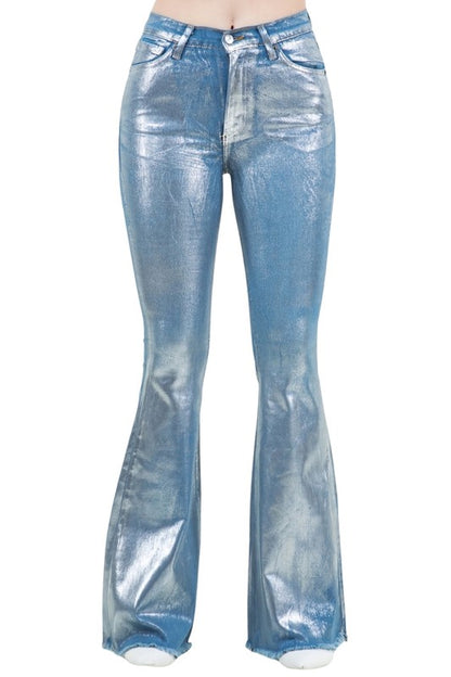 Metallic Bell Bottom Jean in Blue - Inseam 32"