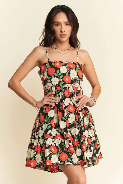 Floral Scalloped Cutout Back Mini Dress.