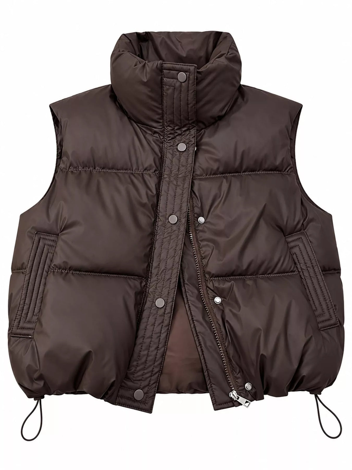 A dark brown puffer vest with a high stand-up collar, quilted front panel, snap-button closure, zippered front, and drawstring hem, shown on a plain white background.