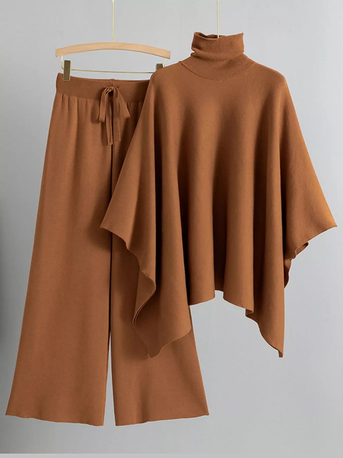 Turtleneck poncho sweater and matching wide-leg knit pants set