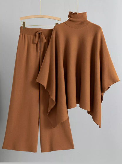 Turtleneck poncho sweater and matching wide-leg knit pants set