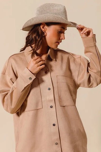 Suede Snap Shacket with Collar and Pockets.