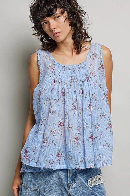 Round Neck Sleeveless Floral Pleated Cotton Top