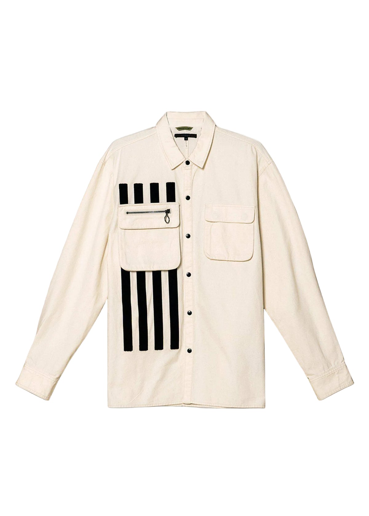 Beige shirt with black and white striped design on a light gray background