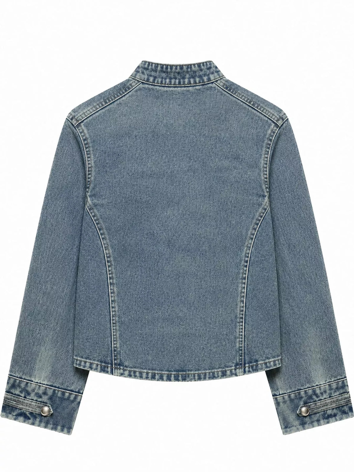 A cropped light blue denim jacket with a mock neck, long sleeves, and buttoned cuffs, shown from the back on a plain white background.
