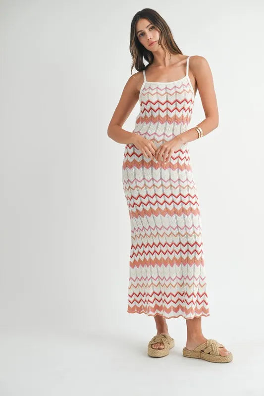 Lightweight Pointelle Chevron Knit Maxi Dress.