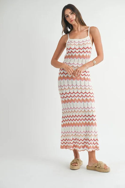 Lightweight Pointelle Chevron Knit Maxi Dress.