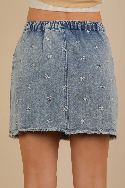 Bow Printed Casual Denim Mini Skirt.