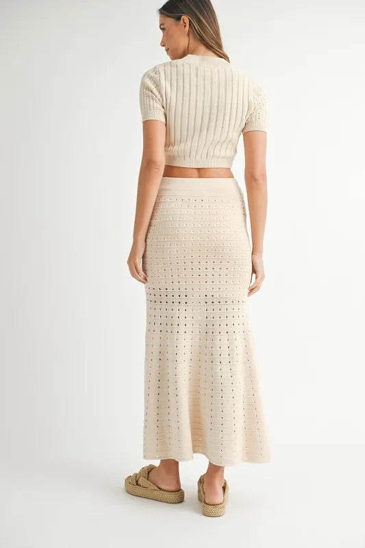 Pointelle Short Sleeve Crop Top and Slit Skirt Sweater Set.