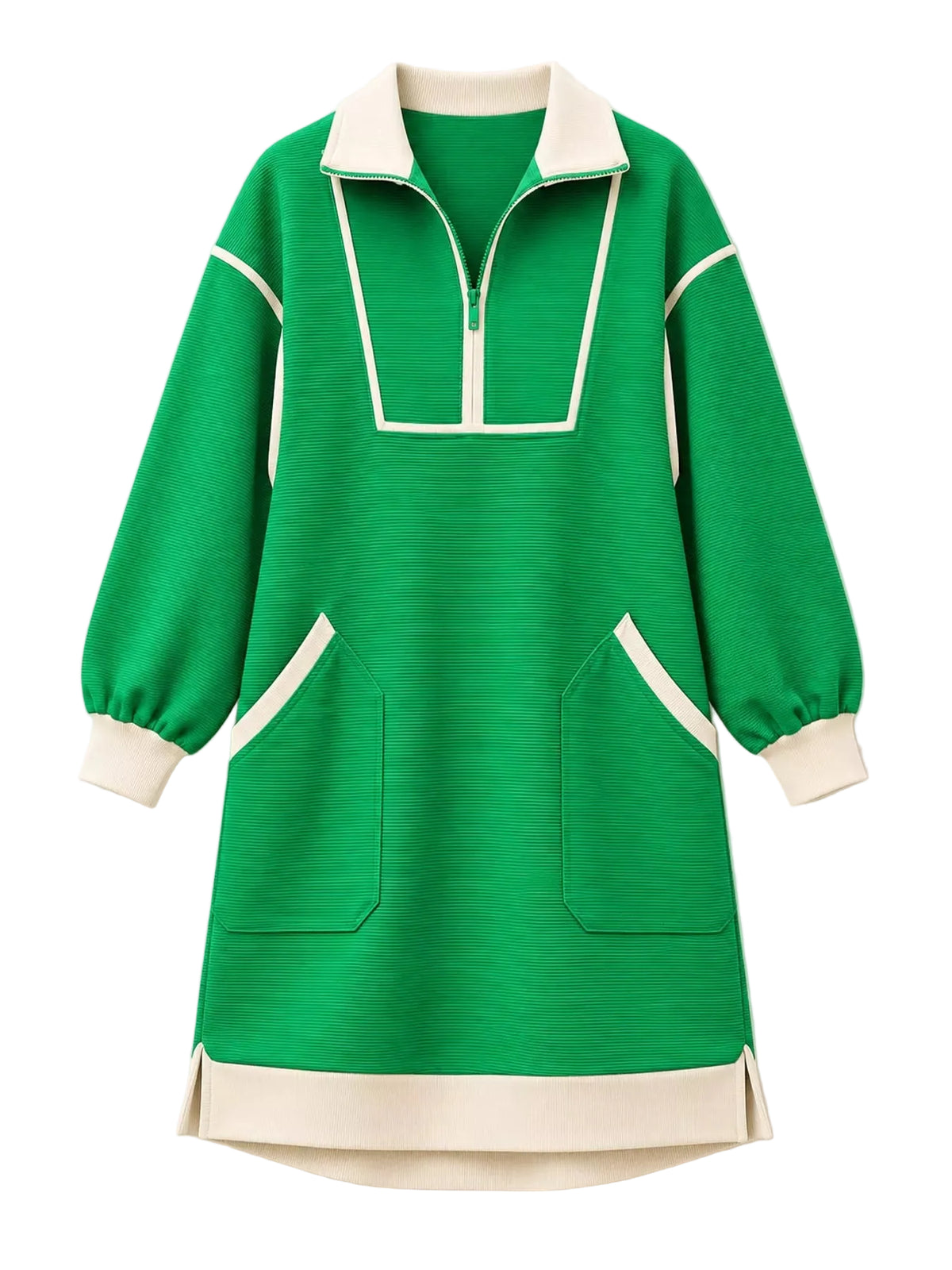 A green long-sleeve knit dress with cream-colored contrast panels, a half-zip collar, and front patch pockets, shown against a plain off-white background.