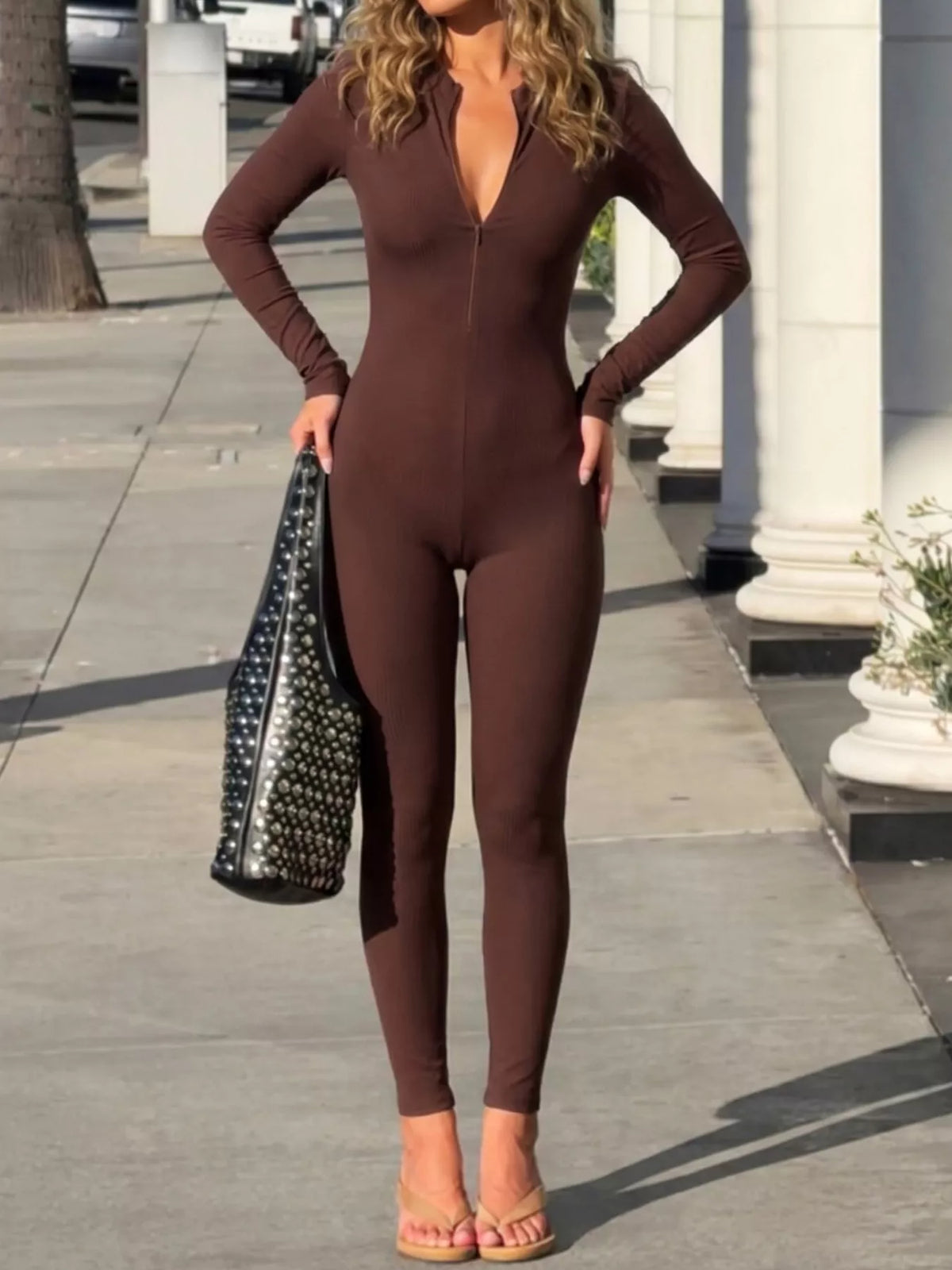Long-sleeve ribbed zip-front slim-fit jumpsuit