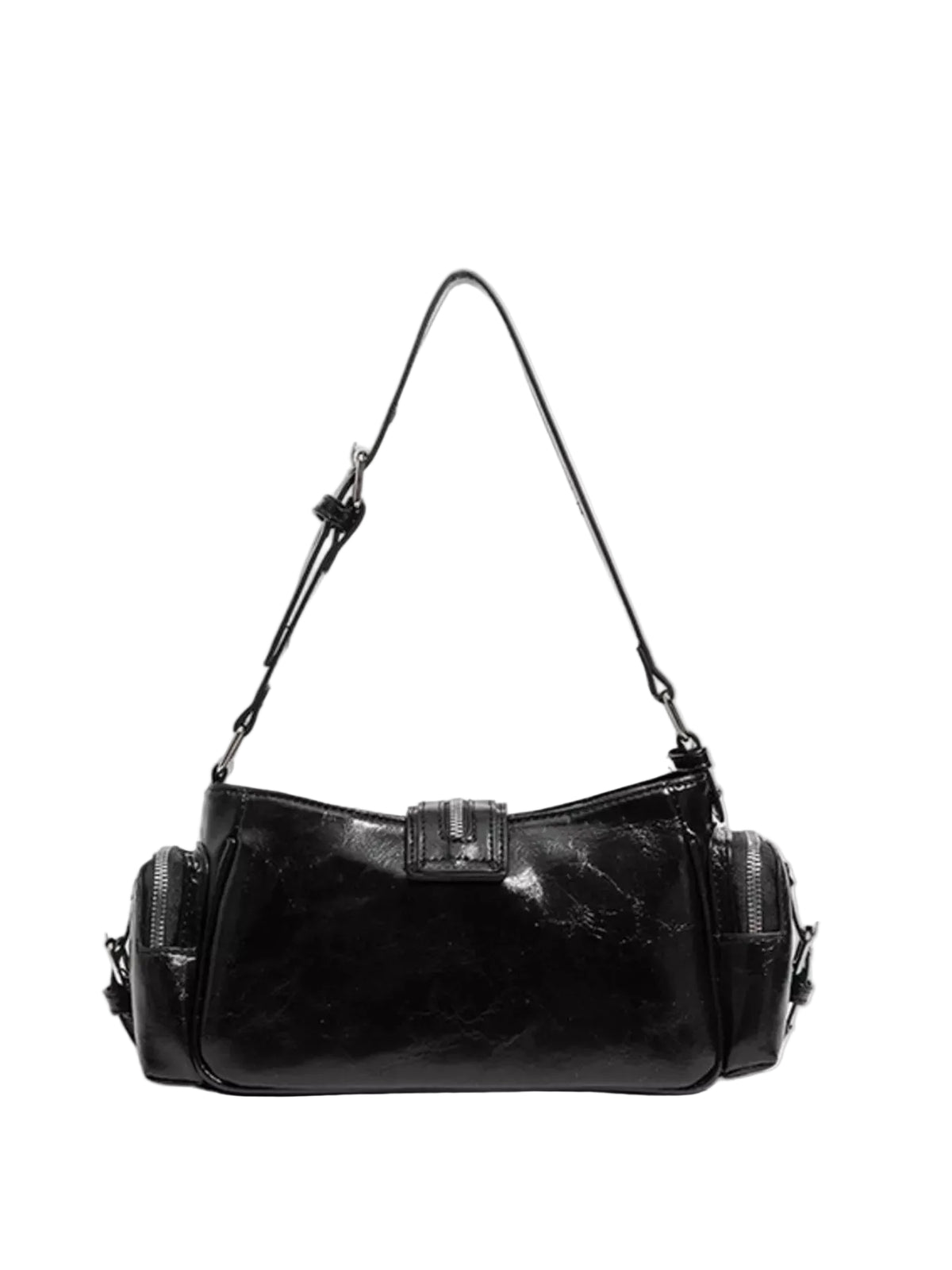 A black glossy leather shoulder bag with a long strap, shown against a light gray background.