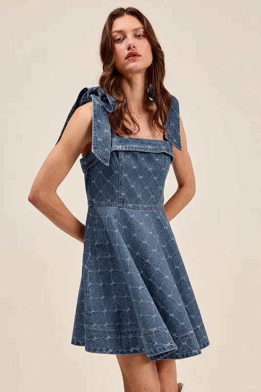 A Line Fit and Flare Diamond Bow Ribbon Denim Dres.