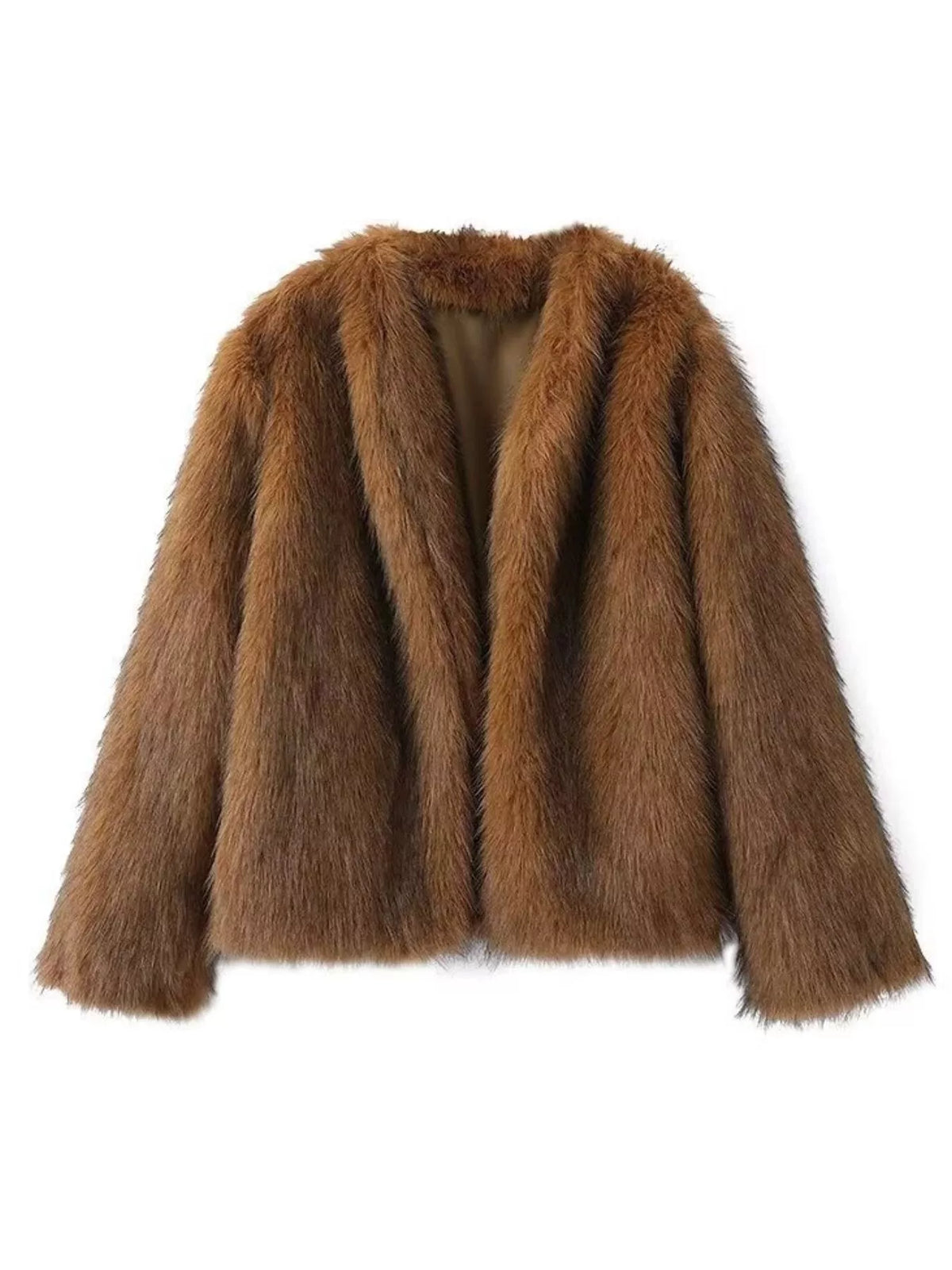 A cropped brown faux fur jacket with a wide collar and long sleeves, displayed against a solid white background.