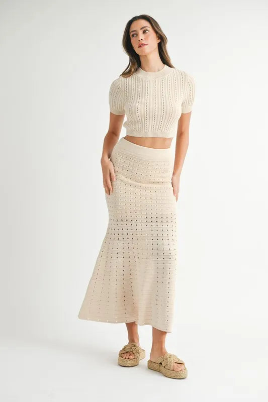 Pointelle Short Sleeve Crop Top and Slit Skirt Sweater Set.