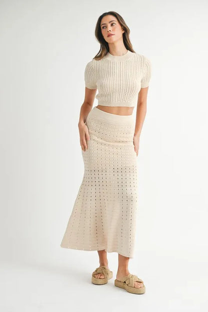 Pointelle Short Sleeve Crop Top and Slit Skirt Sweater Set.