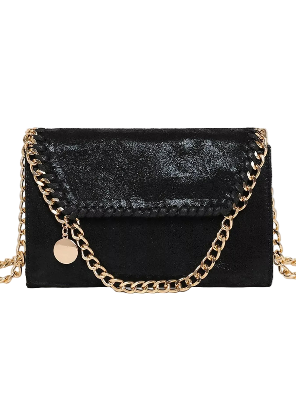 Black faux fur clutch bag with a gold-tone chain strap and a small round gold charm, shown against a plain light gray background.