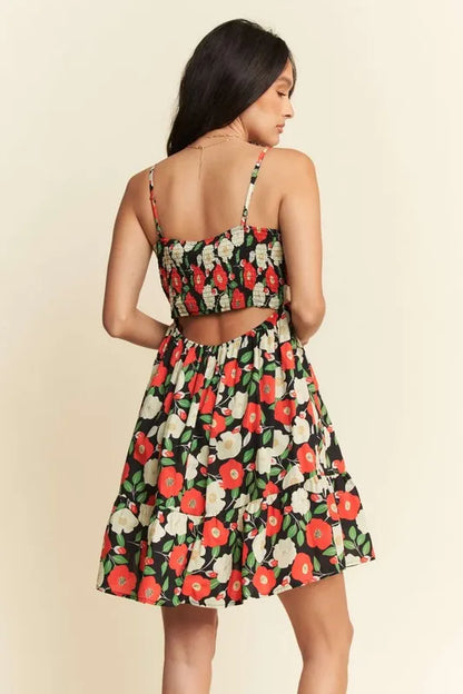 Floral Scalloped Cutout Back Mini Dress.