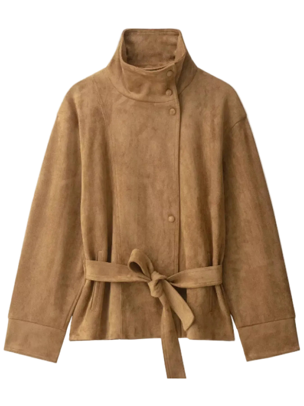 A tan faux-suede belted jacket with a high stand collar and button front, shown against a plain white background.