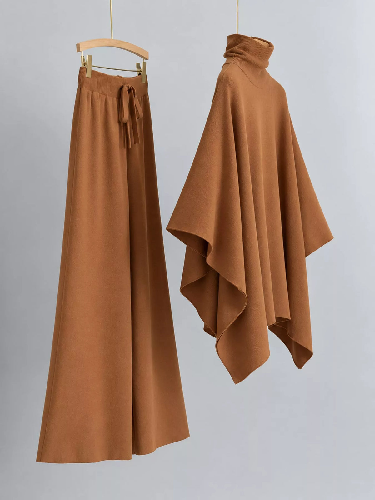Turtleneck poncho sweater and matching wide-leg knit pants set