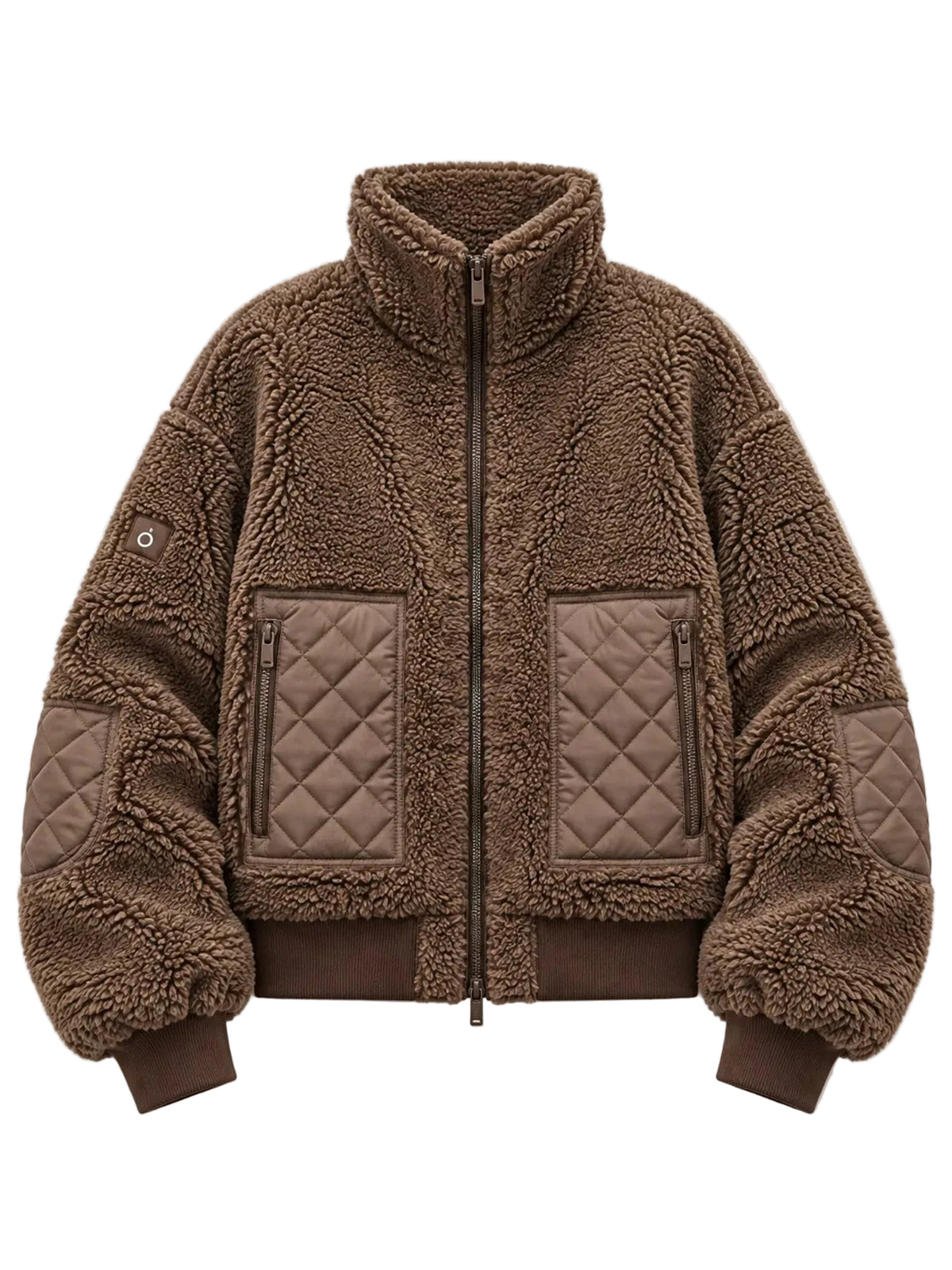A brown sherpa fleece bomber jacket with quilted chest and elbow patches, shown flat against a light beige background.